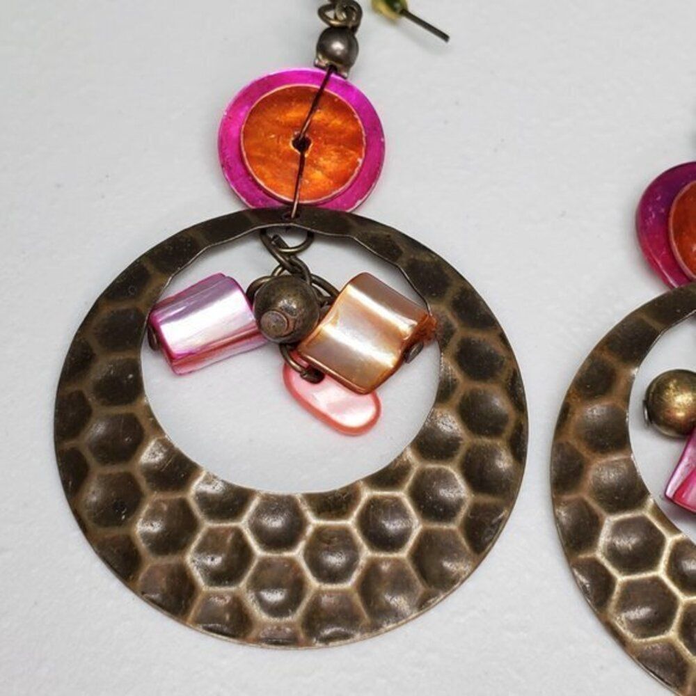 Textured Earrings Statement Orange Pink Gold Tone - Picture 2 of 6